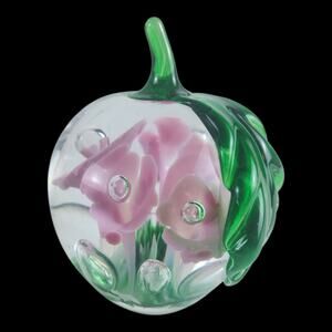 VTG Gibson Glass 1996 Art Glass Apple Pink Flowers Green Stem Bubbles Signed